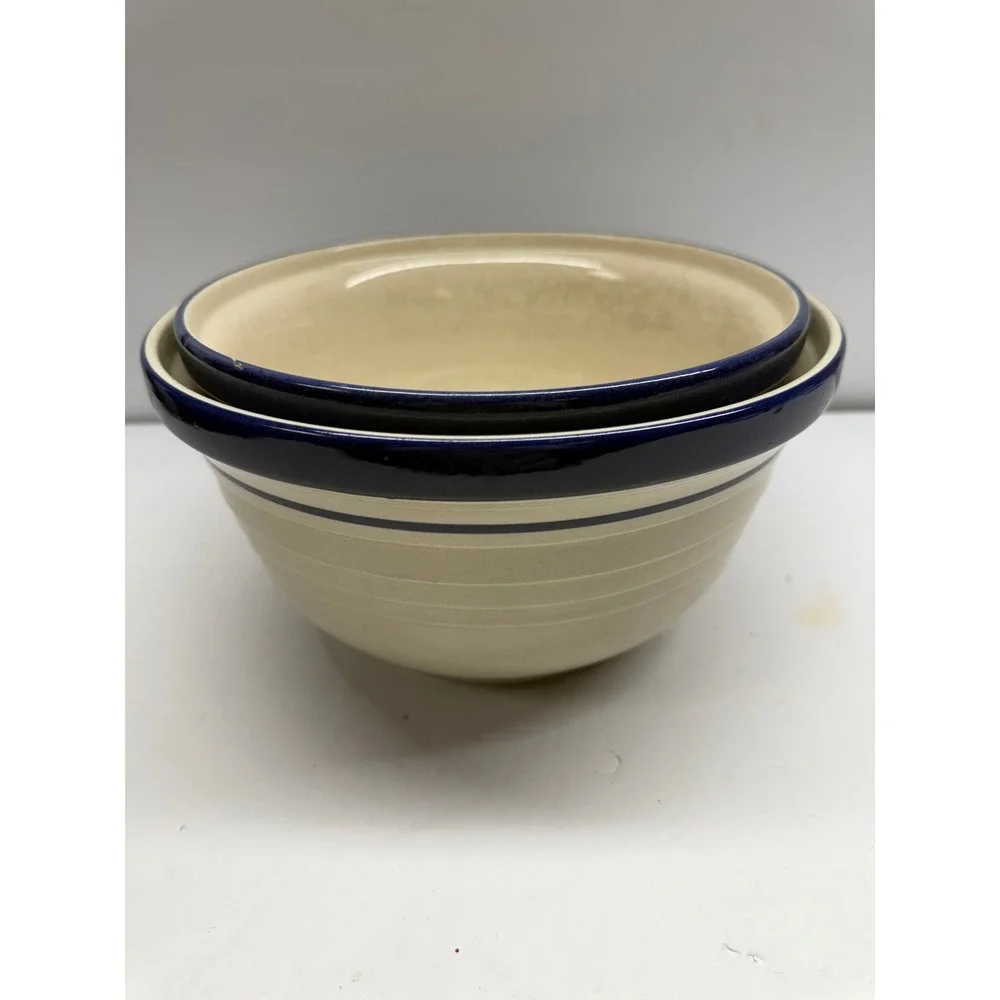 Vintage Robinson Ransbottom Blue Band Stoneware Mixing Bowls Set of 2 R7 R8